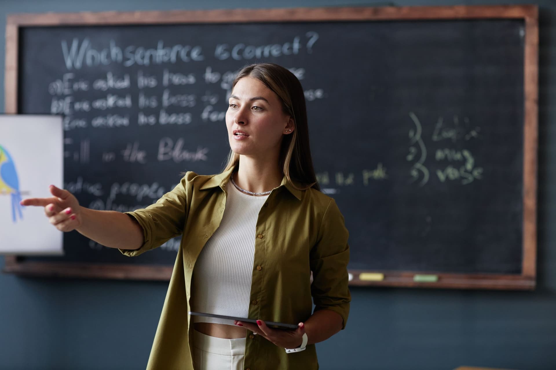 A woman points at a chalkboard, indicating information or a lesson being presented.